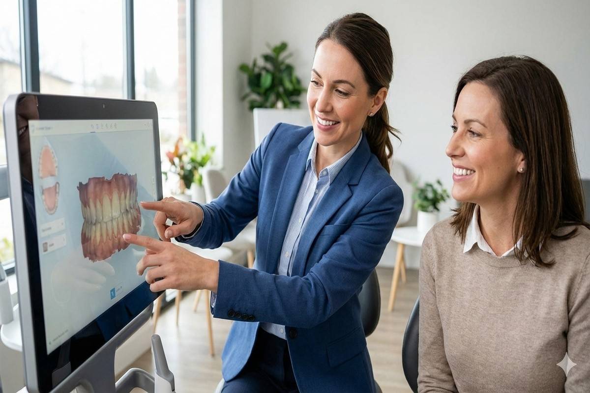 Dentist explaining dental bonding treatment and smile improvements to a patient during consultation